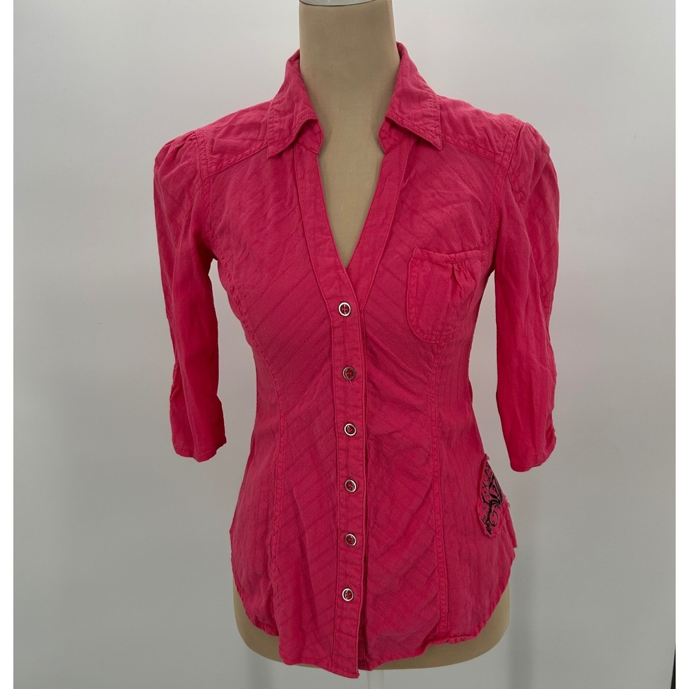 Guess Womens Hot Pink 3/4 Sleeve Button Front Textured Blouse Size S A0229